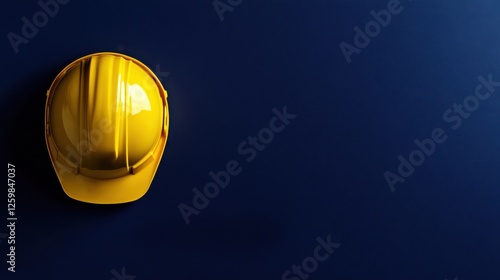 A bright yellow hard hat centered on a deep navy blue background