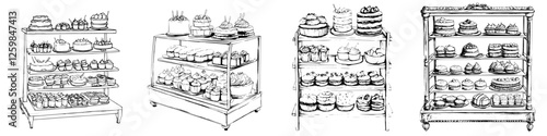 Hand-drawn vector illustration of a delightful bakery display filled with various pastries and cakes