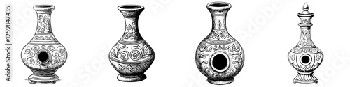 Traditional pottery vessels featuring intricate designs and varied shapes from an ancient culture
