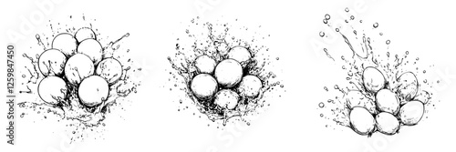 Creative illustration of eggs splashing into water with dynamic movement captured in a minimalist style