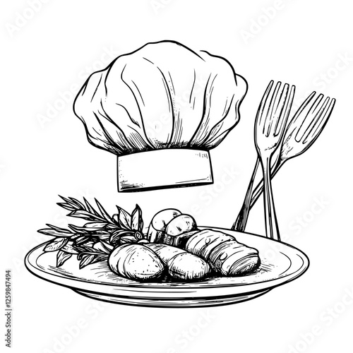 Hand-drawn vector illustration of a chef's hat above a plate of gourmet food with forks