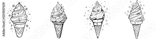 Illustration of four unique ice cream cones with swirled tops and decorative stars showcasing a delightful dessert theme