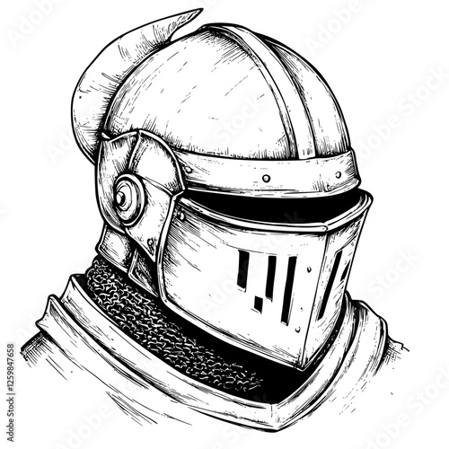 Detailed illustration of a medieval knight's helmet featuring a unique horn design against a plain background