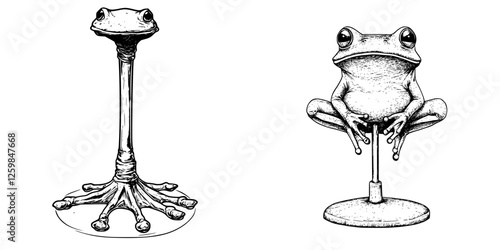 Unique frog sculptures displayed on a minimalist white background showcasing artistic creativity and attention to detail