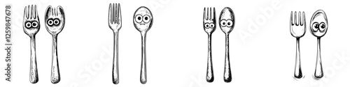 Creative cutlery art featuring playful forks and spoons with anthropomorphic faces in a fun arrangement