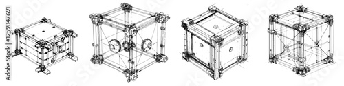 Intricate design of modular cubes showcased from multiple angles in a technical illustration