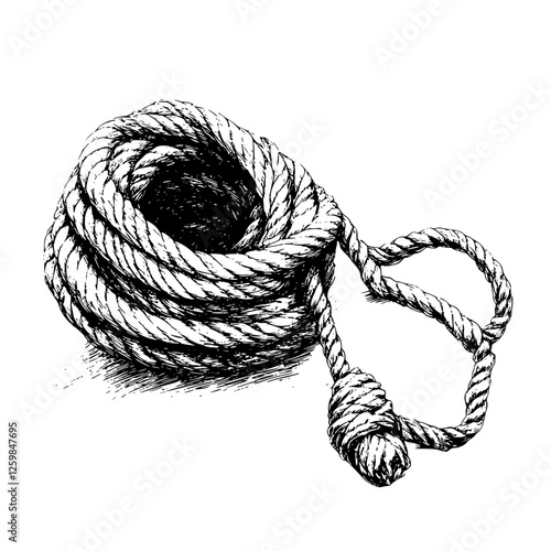 Textured coil of rope resting on a flat surface with a detailed knot tied at one end