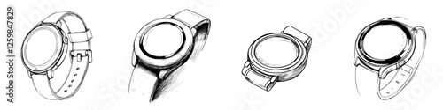 Sketches of a modern smartwatch design showcasing various angles and details