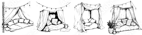 Cozy hand-drawn vector illustrations of a charming indoor tent setup for relaxation and gatherings