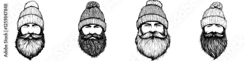 Collection of illustrated bearded men wearing knitted hats during winter season