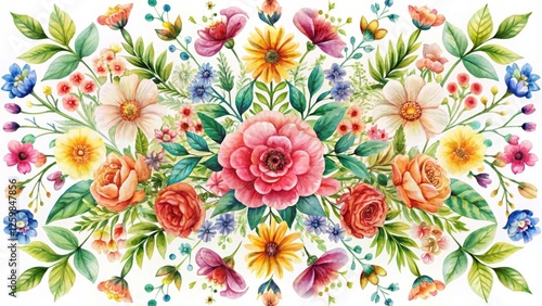 Watercolor Flower Symmetrical Pattern, Botanical Print, Vintage Floral Design, Nature Clipart, White Background