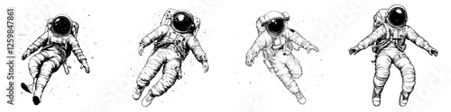 Astronauts floating in space showcase various movements and poses during a weightless exploration in outer space