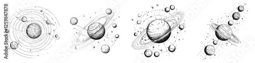 Detailed illustrations of planets in various orbits showcasing the solar system and its celestial bodies