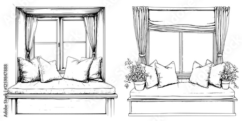 Cozy window seat designs with cushions and plants for comfortable interiors