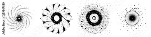 Abstract representations of galaxies showcasing different spiral designs with contrasting textures and patterns