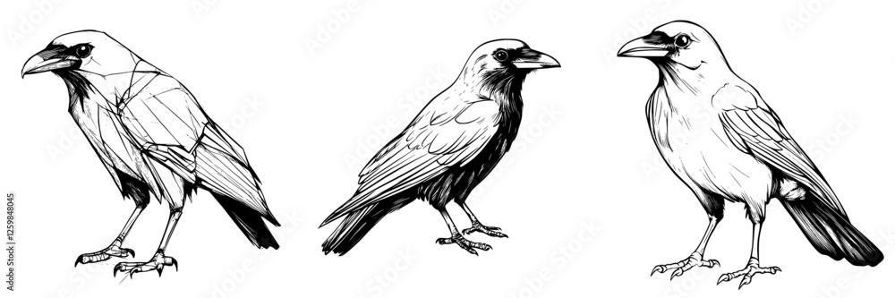 Fototapeta premium Detailed illustration of three stylized raven drawings showcasing different artistic techniques