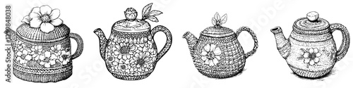 Various ornate teapots showcasing intricate floral designs and unique shapes