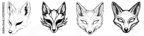 Fox head illustrations showcasing diverse styles and features in black and white design