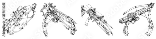 Detailed illustrations of advanced crossbow designs showcasing various functional features and components in a unified layout
