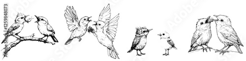 Illustrations of various birds interacting in natural settings showcasing their unique behaviors and dynamics