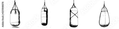 Vintage sketch of various types of punching bags hanging in a gym setting, showcasing wear and tear over time