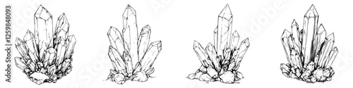 Detailed illustration of various crystalline structures in artistic style showcasing mineral diversity