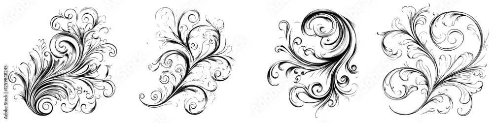 Decorative black and white floral designs with intricate swirls and curves for artistic inspiration Decorative black and white floral designs with intricate swirls and curves for artistic inspiration