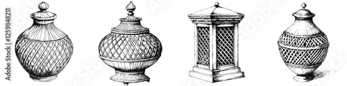 Decorative vases displayed in a vintage style showcase highlighting intricate designs and elegant craftsmanship