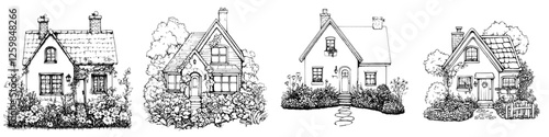 Charming hand-drawn vector illustration of four unique houses surrounded by flourishing gardens and greenery