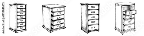 Different styles of wooden drawers displayed in a sketch format with varying designs and sizes