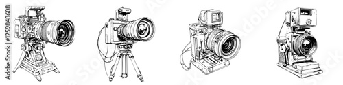 Detailed illustrations of various cameras showcasing evolution in photography equipment design and technology