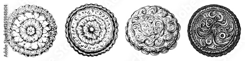 Decorative circular designs showcasing intricate patterns and floral motifs in black and white on a plain background