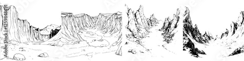Mountainous terrain illustrated in a series of sketches showing different angles and perspectives during daytime hours