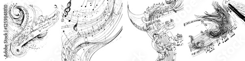 Artistic representation of musical notes swirling in abstract patterns and forms