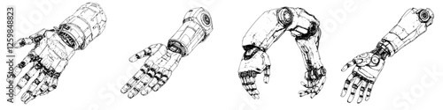 Detailed concept illustrations of various robotic arms and hands showcasing different positions and designs