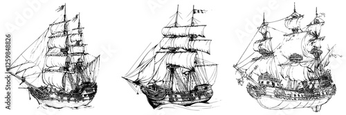 Classic sailing ships with detailed rigging and sails navigating the ocean waters in a traditional maritime setting