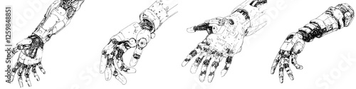 Robotic hands demonstrating various positions and movements in a futuristic design setting