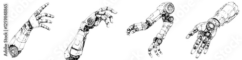 Detailed sketches of robotic arms showcasing various poses and designs in a conceptual art style