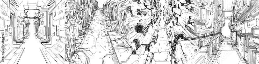 Fototapeta premium Futuristic cityscape featuring intricate designs and perspective lines in a monochrome setting