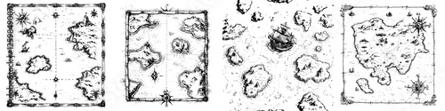 Detailed historic treasure maps featuring various islands and marked locations from a fictional exploration in a dark, mysterious setting photo