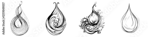 Artistic representations of water droplets showcasing different styles and designs in a minimalist presentation
