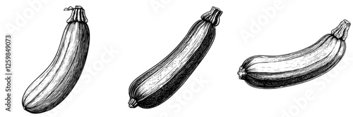 Sketch of three zucchinis showcasing their elongated shapes and varying details in a simple black and white illustration
