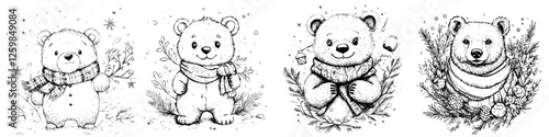 Hand-drawn vector illustration of cute bears in winter attire surrounded by festive decorations and nature