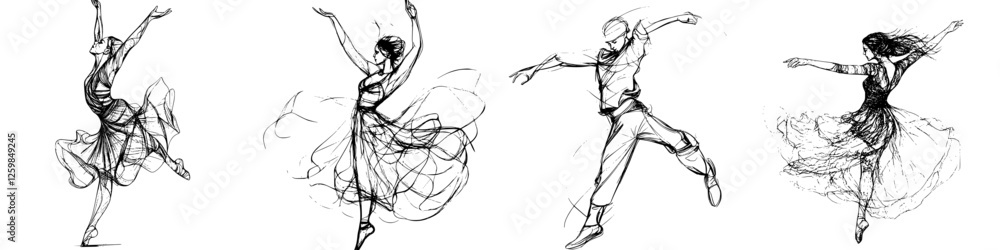 Dynamic dancers in motion showcasing graceful ballet poses during a performance in a theater setting Dynamic dancers in motion showcasing graceful ballet poses during a performance in a theater setting