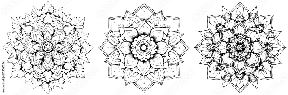Intricate hand-drawn floral mandalas featuring detailed designs and elegant patterns suitable for various creative projects