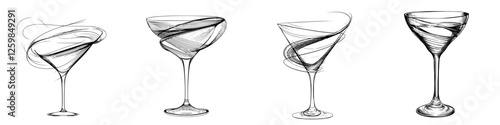 Various artistic representations of cocktail glasses showcasing fluid motion designs