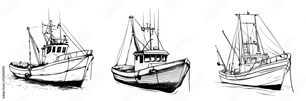 Various fishing boats illustrated with intricate details showcasing maritime craftsmanship Various fishing boats illustrated with intricate details showcasing maritime craftsmanship