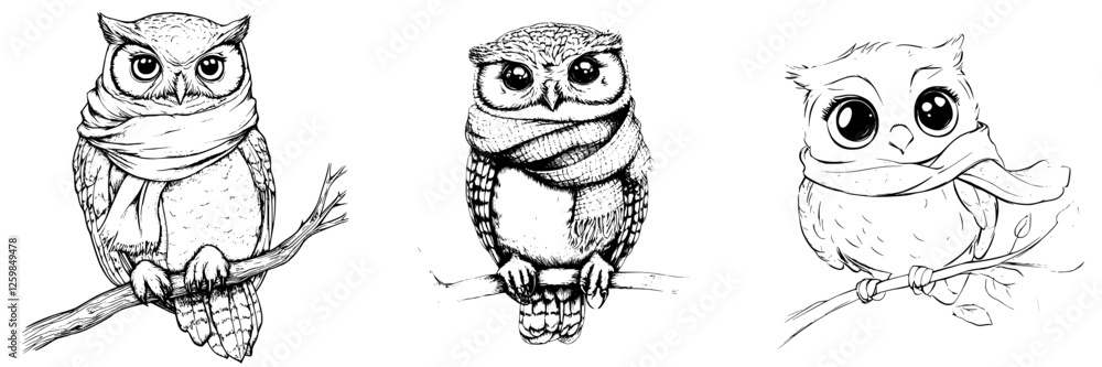 Obraz premium Cute hand-drawn vector illustration of three owls wearing scarves perched on branches