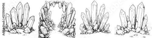 Crystalline formations and rocky landscape created in a fantasy world setting during daylight hours