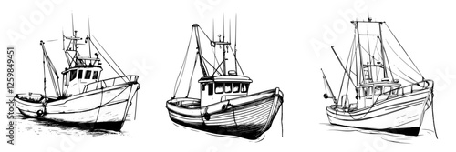 Various fishing boats illustrated with intricate details showcasing maritime craftsmanship